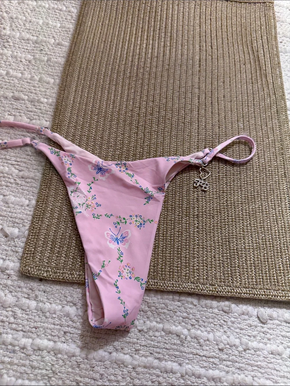 Frankies Bikinis Pink Butterfly Floral Triangle Bikini Set L Top M Bottom